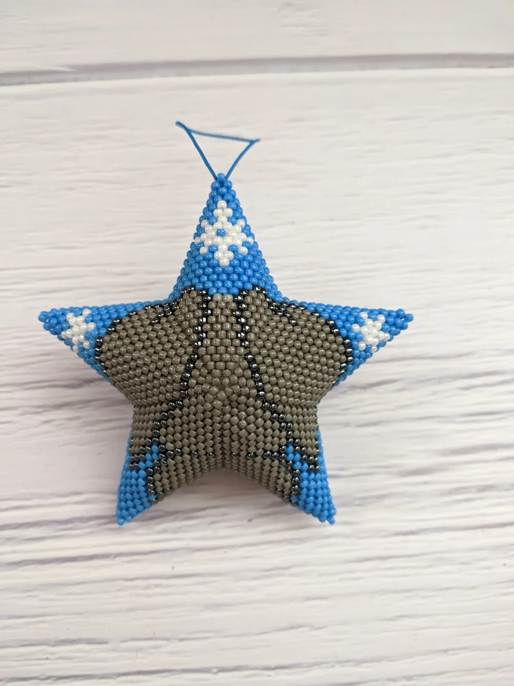 Beaded Star Bunny Ornament in Blue and Gray